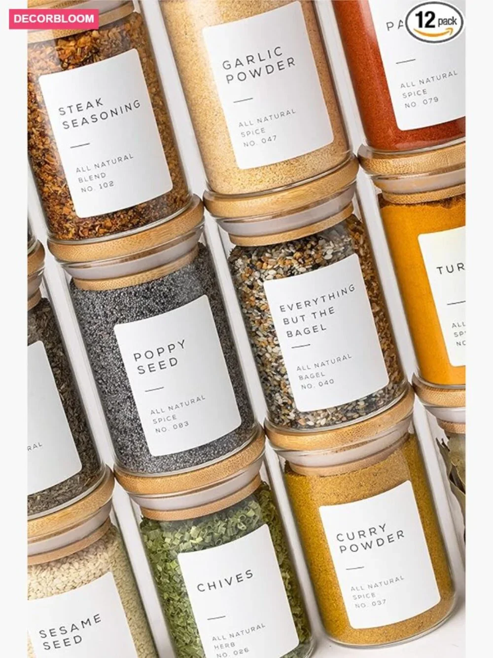 12-Piece 6oz Glass Spice Jars with Bamboo Lids & Labels Set